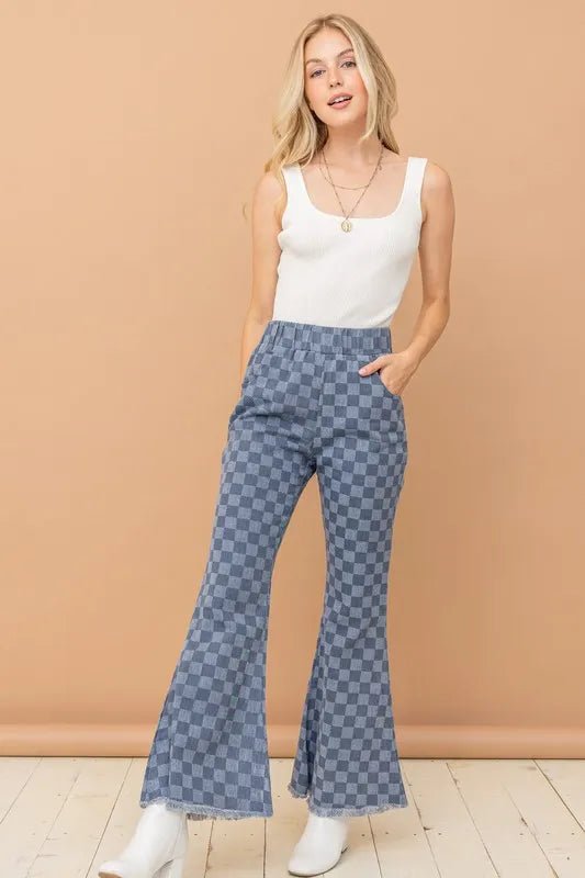 And The Why Checkerboard High Waist Bell Pants - Blu Lotus Boutique