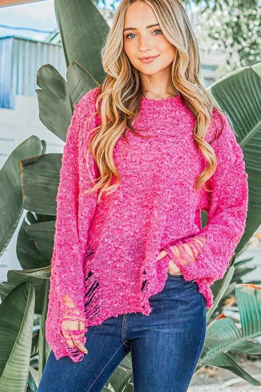 And The Why Distressed And Textured Pullover Sweater - Blu Lotus Boutique