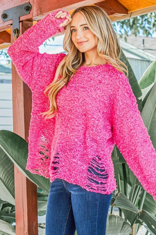 And The Why Distressed And Textured Pullover Sweater - Blu Lotus Boutique