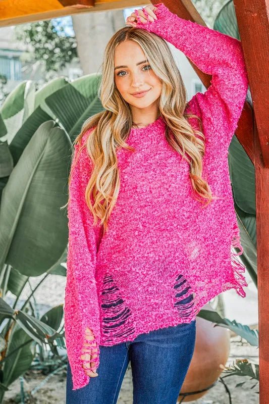 And The Why Distressed And Textured Pullover Sweater - Blu Lotus Boutique
