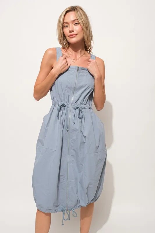 And The Why Front Zipper Overall Dress with String Details - Blu Lotus Boutique