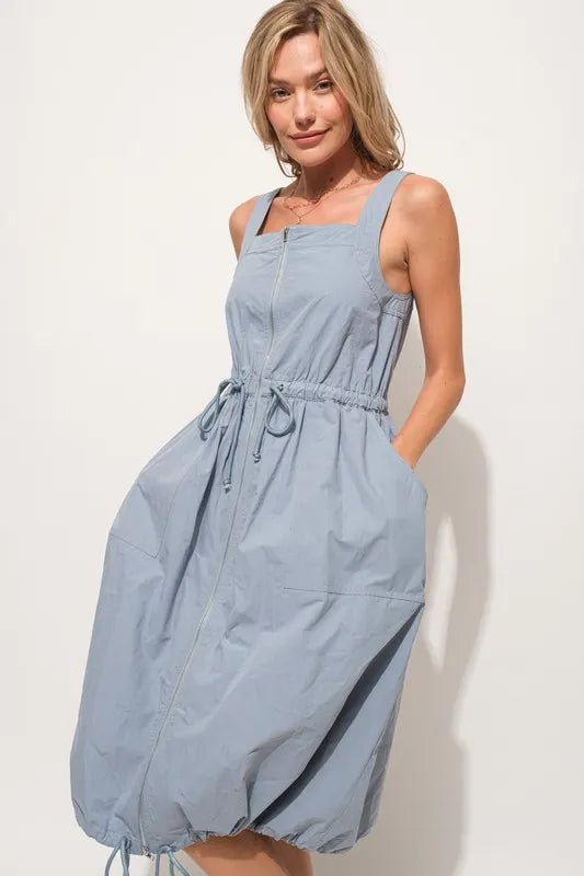 And The Why Front Zipper Overall Dress with String Details - Blu Lotus Boutique