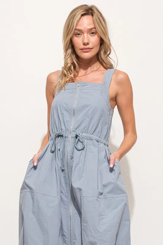 And The Why Front Zipper Overall Dress with String Details - Blu Lotus Boutique