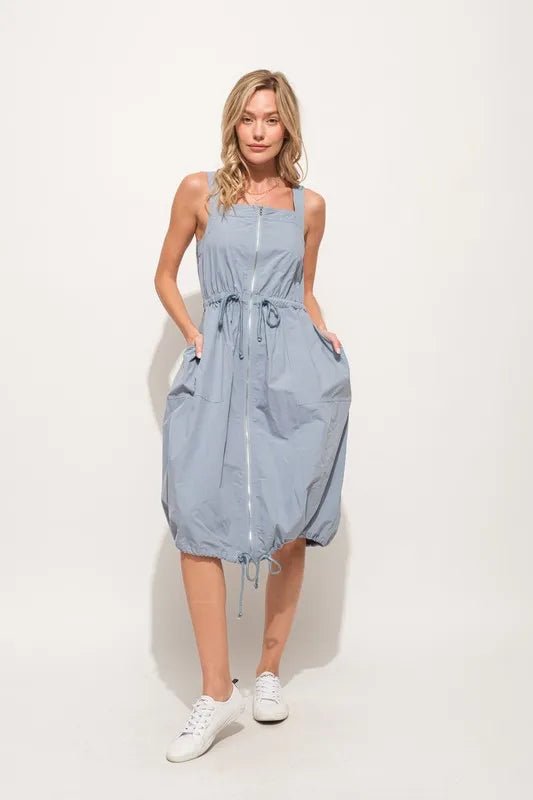 And The Why Front Zipper Overall Dress with String Details - Blu Lotus Boutique