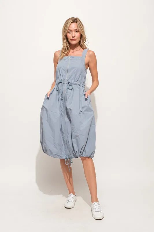 And The Why Front Zipper Overall Dress with String Details - Blu Lotus Boutique