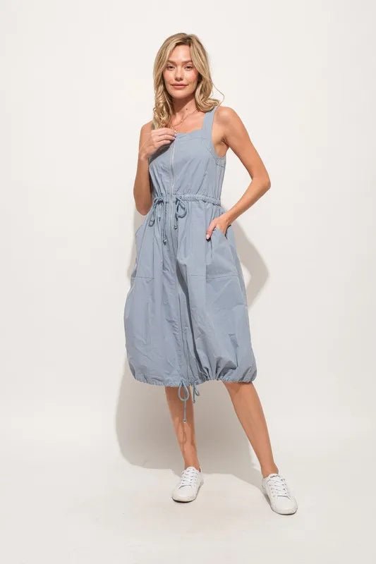 And The Why Front Zipper Overall Dress with String Details - Blu Lotus Boutique