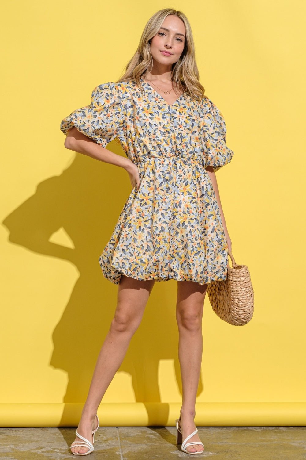 And The Why Full Size Floral Surplice Puff Sleeve Dress - Blu Lotus Boutique