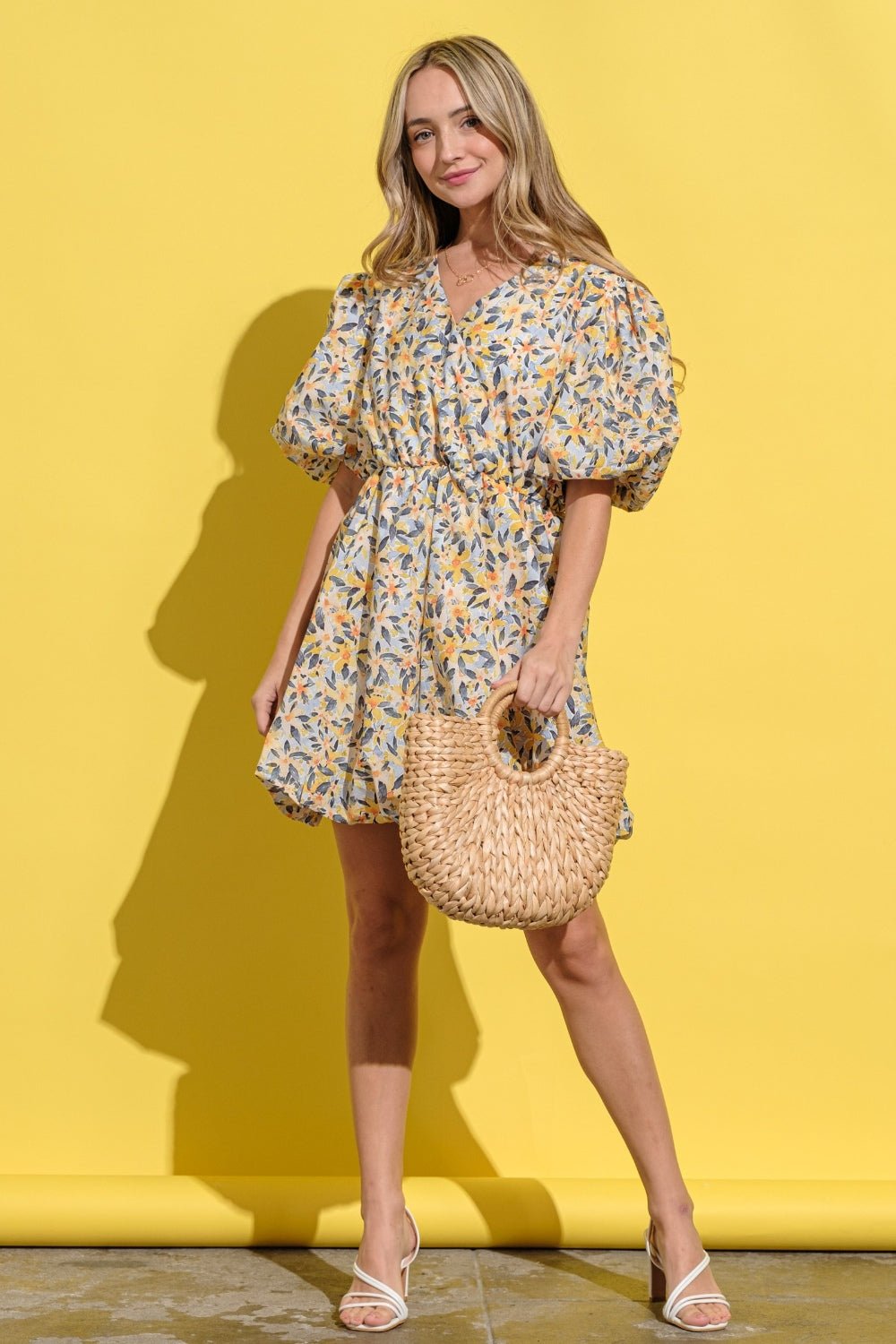And The Why Full Size Floral Surplice Puff Sleeve Dress - Blu Lotus Boutique