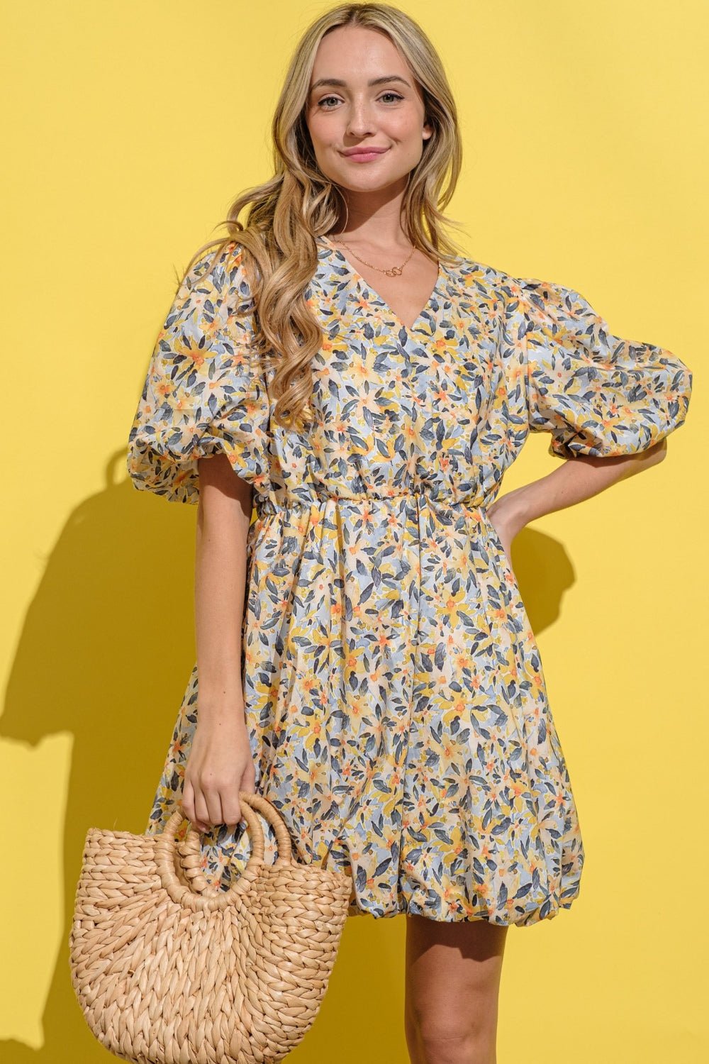 And The Why Full Size Floral Surplice Puff Sleeve Dress - Blu Lotus Boutique