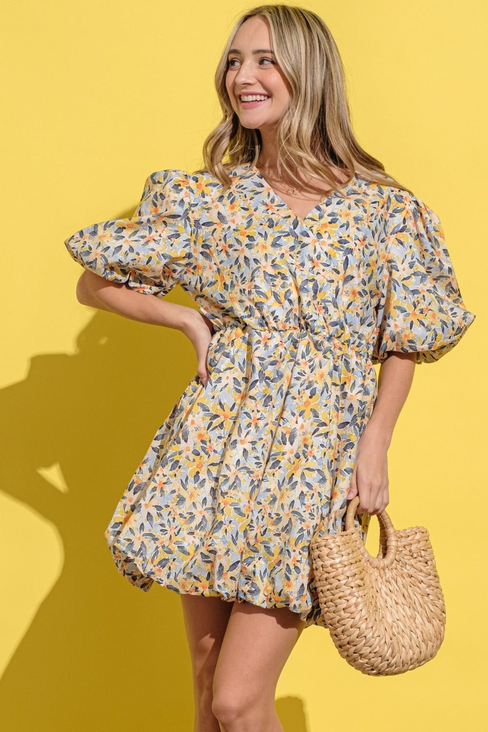 And The Why Full Size Floral Surplice Puff Sleeve Dress - Blu Lotus Boutique