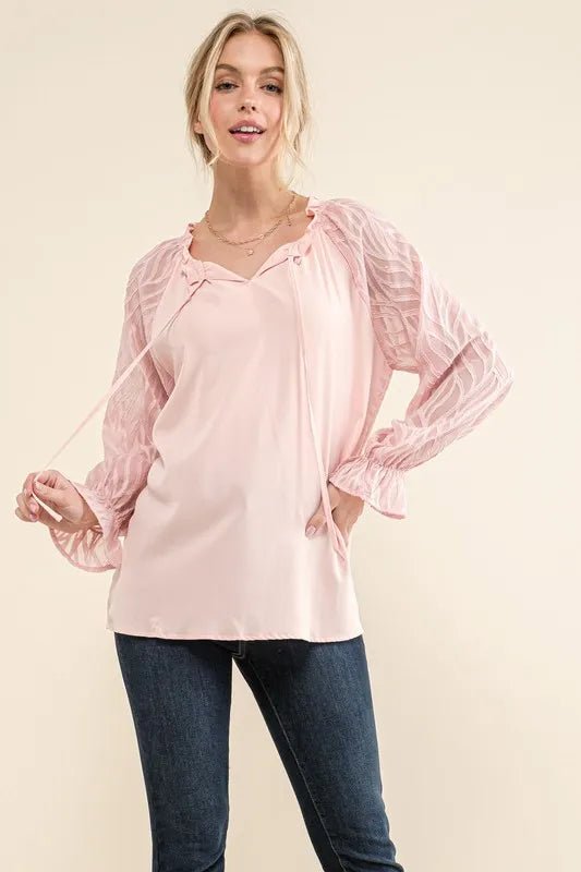 And The Why Leaves Shape Textured Sleeve Blouse - Blu Lotus Boutique