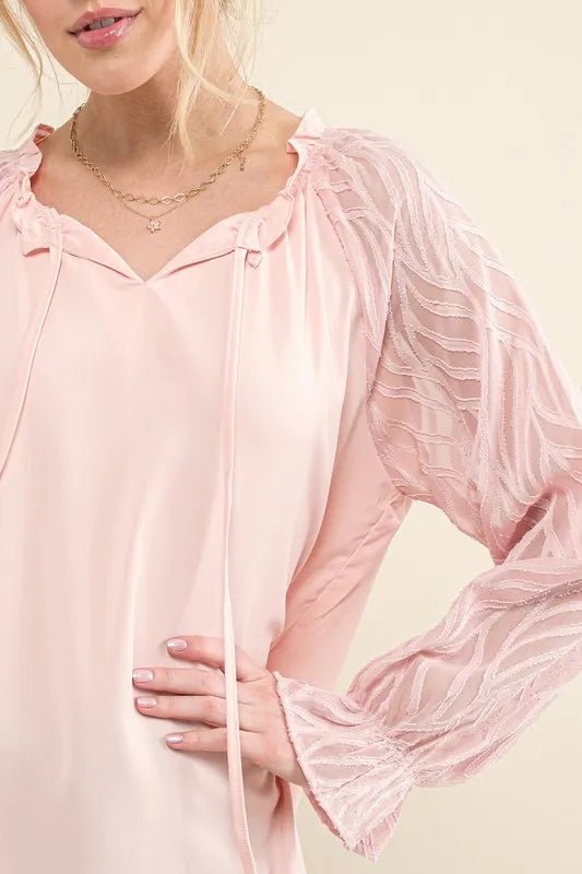 And The Why Leaves Shape Textured Sleeve Blouse - Blu Lotus Boutique
