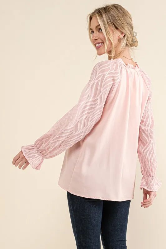 And The Why Leaves Shape Textured Sleeve Blouse - Blu Lotus Boutique