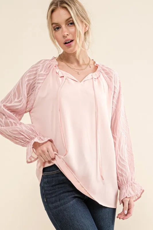 And The Why Leaves Shape Textured Sleeve Blouse - Blu Lotus Boutique