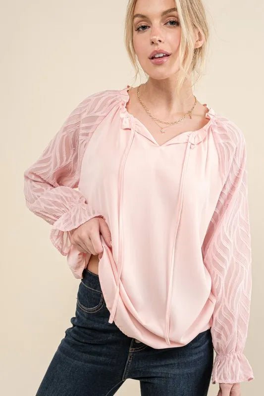 And The Why Leaves Shape Textured Sleeve Blouse - Blu Lotus Boutique