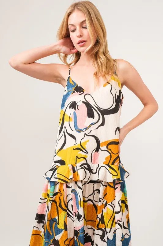 And The Why Ruffled Abstract Floral Printed Midi Cami Dress - Blu Lotus Boutique