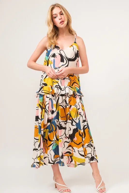 And The Why Ruffled Abstract Floral Printed Midi Cami Dress - Blu Lotus Boutique