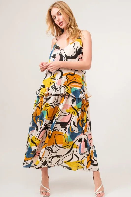 And The Why Ruffled Abstract Floral Printed Midi Cami Dress - Blu Lotus Boutique