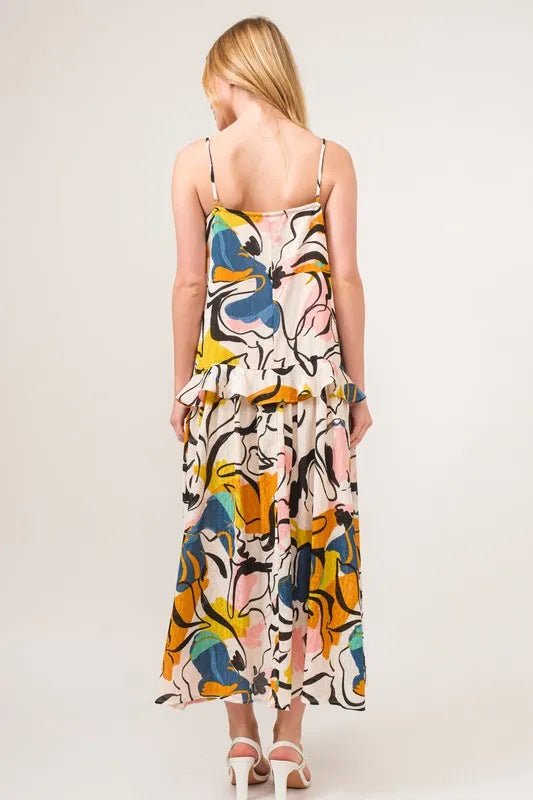 And The Why Ruffled Abstract Floral Printed Midi Cami Dress - Blu Lotus Boutique