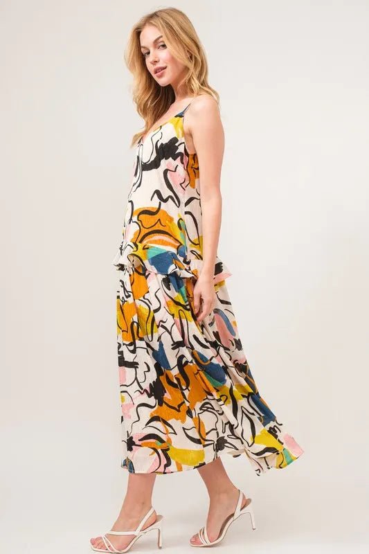And The Why Ruffled Abstract Floral Printed Midi Cami Dress - Blu Lotus Boutique