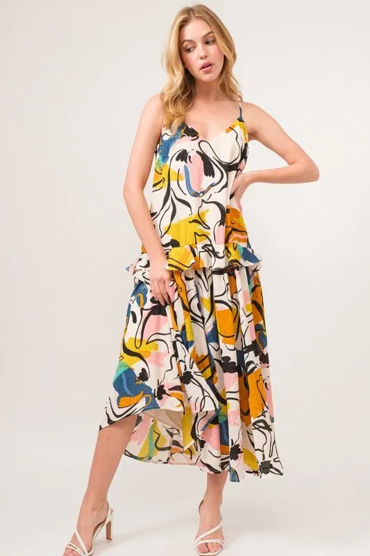 And The Why Ruffled Abstract Floral Printed Midi Cami Dress - Blu Lotus Boutique