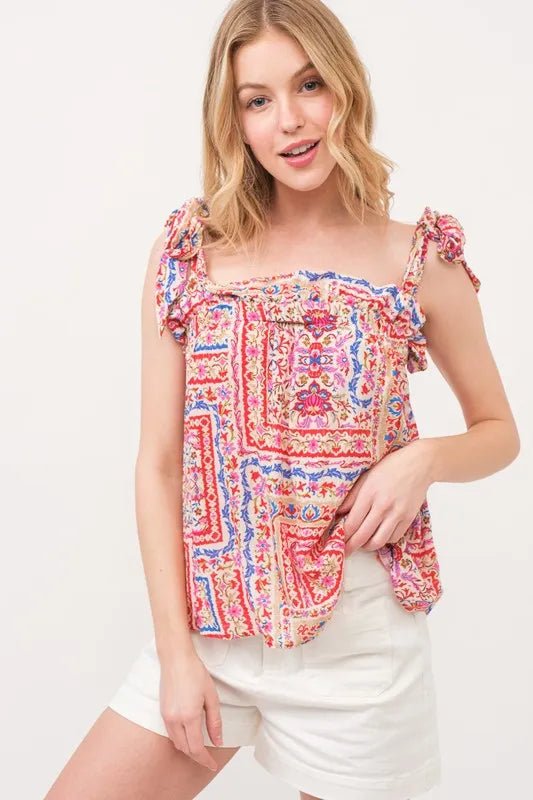 And The Why Ruffled Neck Tied Strap Boho Printed Swing Top - Blu Lotus Boutique