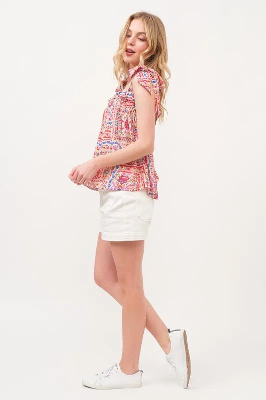 And The Why Ruffled Neck Tied Strap Boho Printed Swing Top - Blu Lotus Boutique