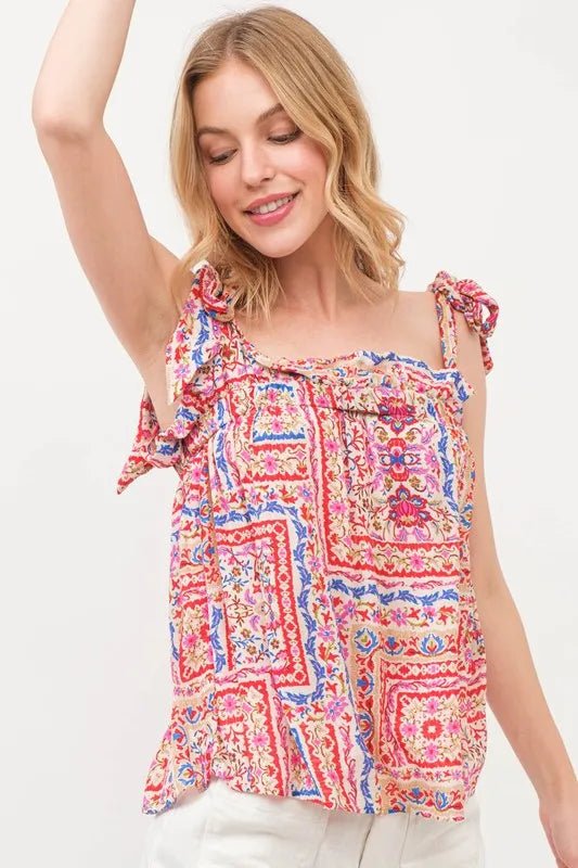 And The Why Ruffled Neck Tied Strap Boho Printed Swing Top - Blu Lotus Boutique