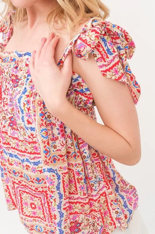And The Why Ruffled Neck Tied Strap Boho Printed Swing Top - Blu Lotus Boutique