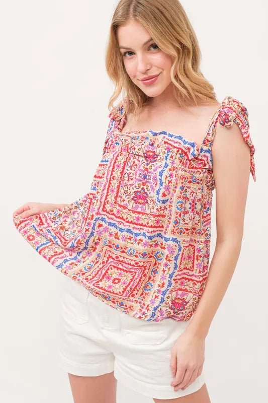 And The Why Ruffled Neck Tied Strap Boho Printed Swing Top - Blu Lotus Boutique