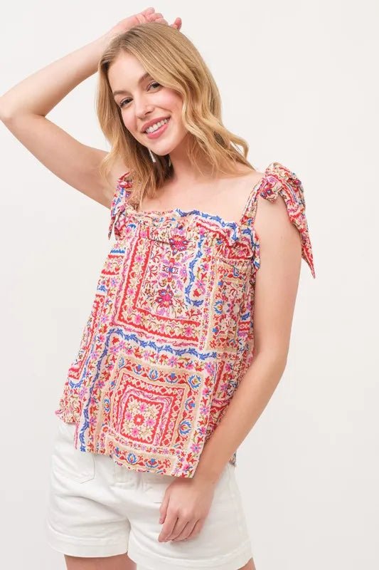 And The Why Ruffled Neck Tied Strap Boho Printed Swing Top - Blu Lotus Boutique