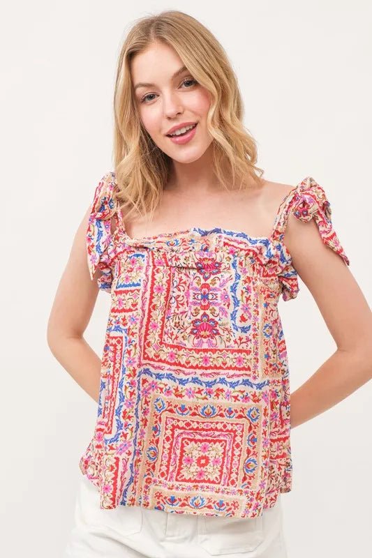 And The Why Ruffled Neck Tied Strap Boho Printed Swing Top - Blu Lotus Boutique