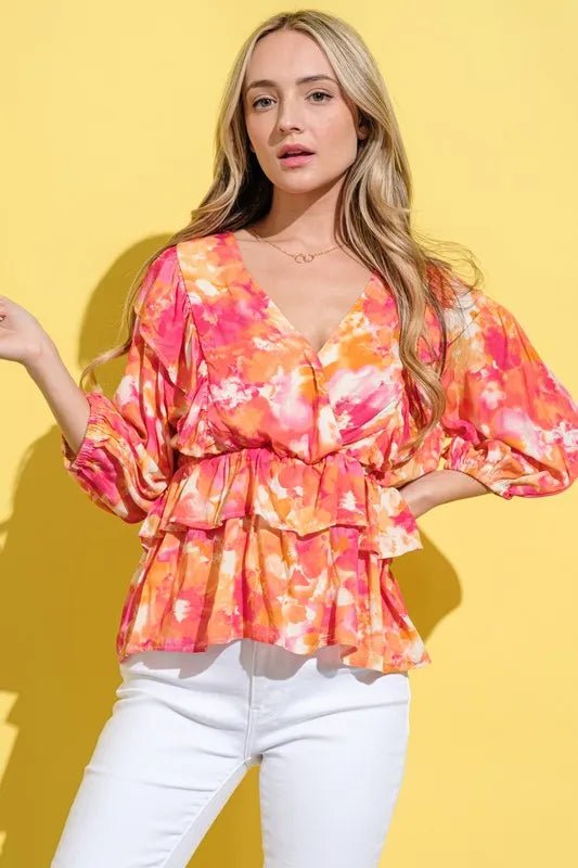And The Why Ruffled Printed Puff Sleeve Blouse - Blu Lotus Boutique