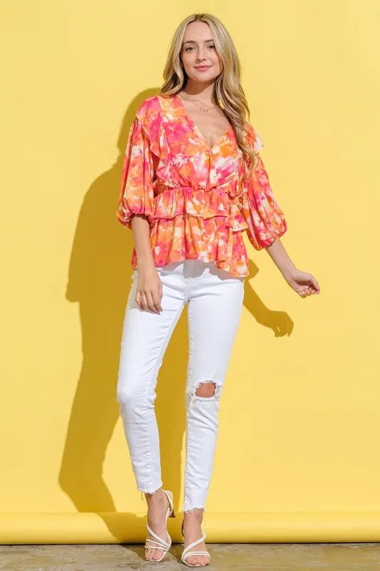 And The Why Ruffled Printed Puff Sleeve Blouse - Blu Lotus Boutique