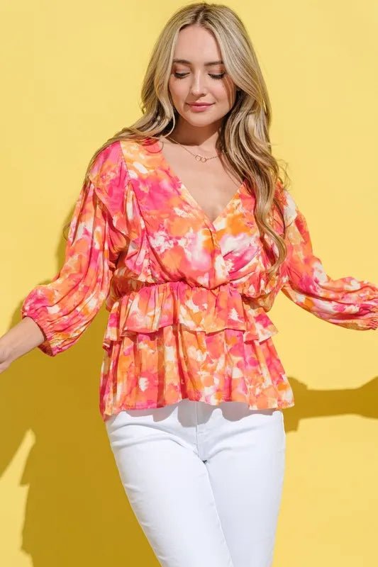 And The Why Ruffled Printed Puff Sleeve Blouse - Blu Lotus Boutique