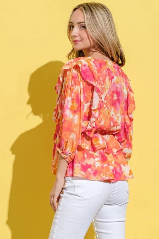 And The Why Ruffled Printed Puff Sleeve Blouse - Blu Lotus Boutique