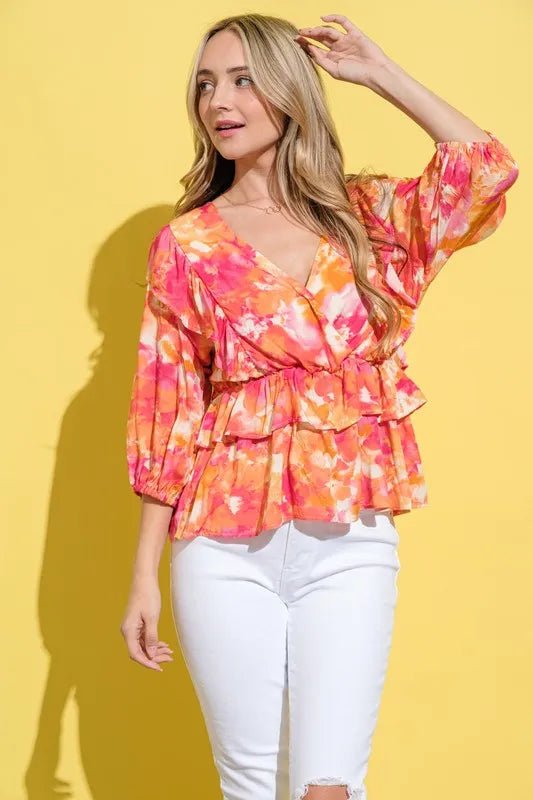 And The Why Ruffled Printed Puff Sleeve Blouse - Blu Lotus Boutique