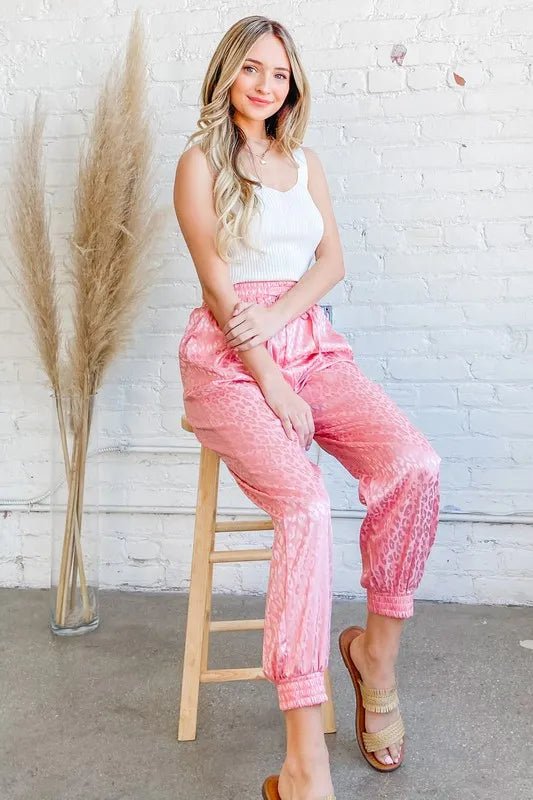 And The Why Satin Leopard Print Joggers - Blu Lotus Boutique