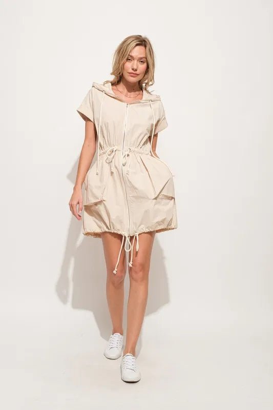 And The Why Short Sleeve String Details Hooded Mini Dress - Blu Lotus Boutique