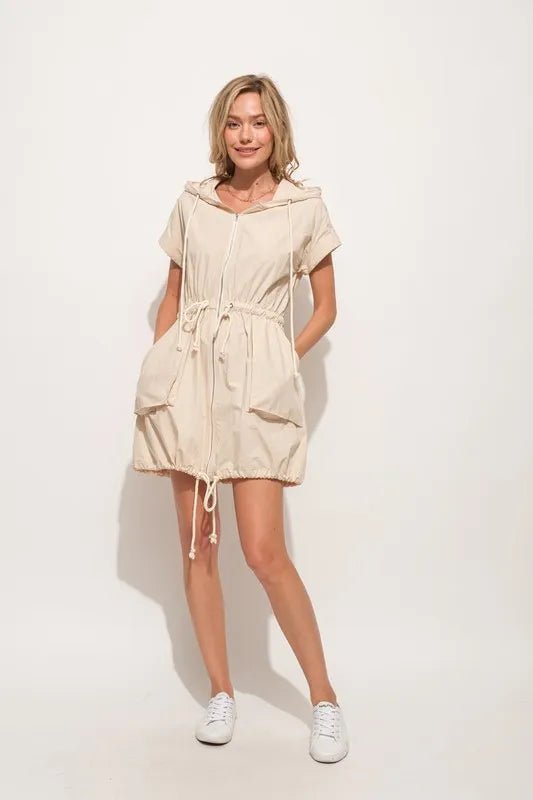And The Why Short Sleeve String Details Hooded Mini Dress - Blu Lotus Boutique