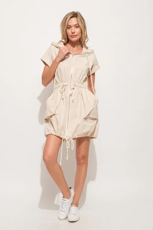 And The Why Short Sleeve String Details Hooded Mini Dress - Blu Lotus Boutique