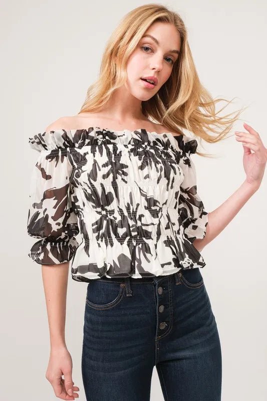 And The Why Smocked Off - Shoulder Floral Printed Top - Blu Lotus Boutique