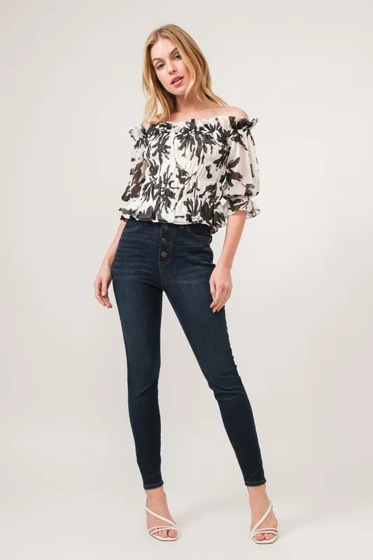 And The Why Smocked Off - Shoulder Floral Printed Top - Blu Lotus Boutique