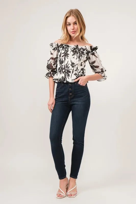 And The Why Smocked Off - Shoulder Floral Printed Top - Blu Lotus Boutique