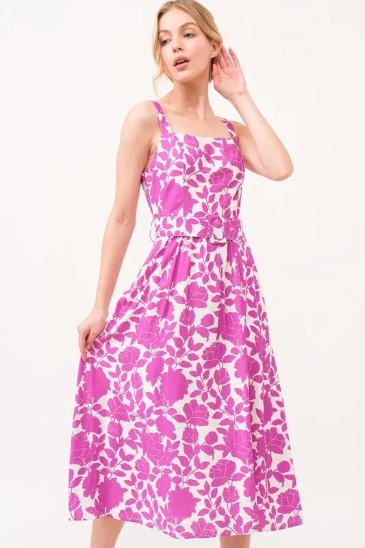 And The Why Square Neck Belted Floral Printed Midi Dress - Blu Lotus Boutique