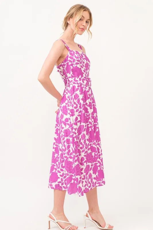 And The Why Square Neck Belted Floral Printed Midi Dress - Blu Lotus Boutique