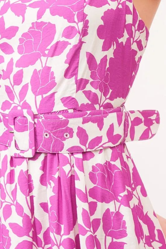 And The Why Square Neck Belted Floral Printed Midi Dress - Blu Lotus Boutique
