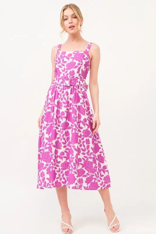 And The Why Square Neck Belted Floral Printed Midi Dress - Blu Lotus Boutique