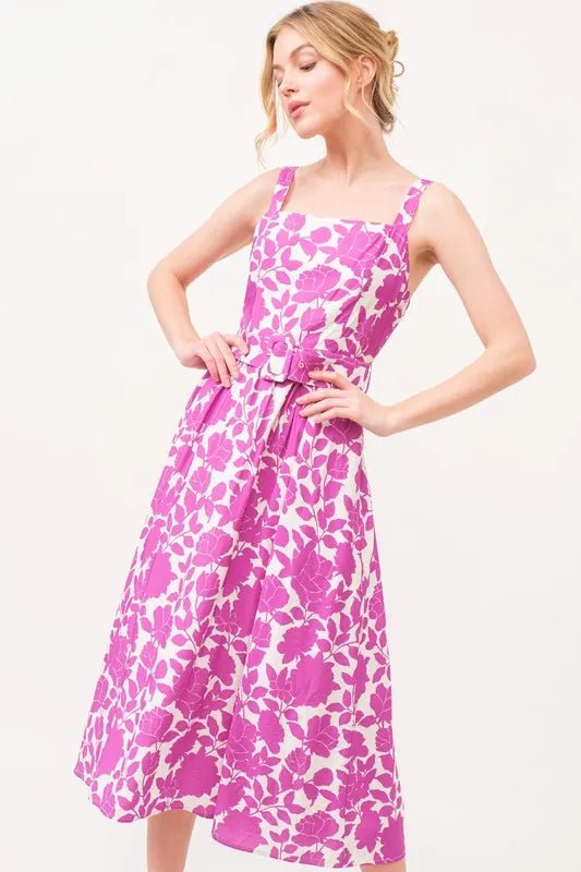 And The Why Square Neck Belted Floral Printed Midi Dress - Blu Lotus Boutique