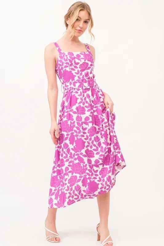 And The Why Square Neck Belted Floral Printed Midi Dress - Blu Lotus Boutique